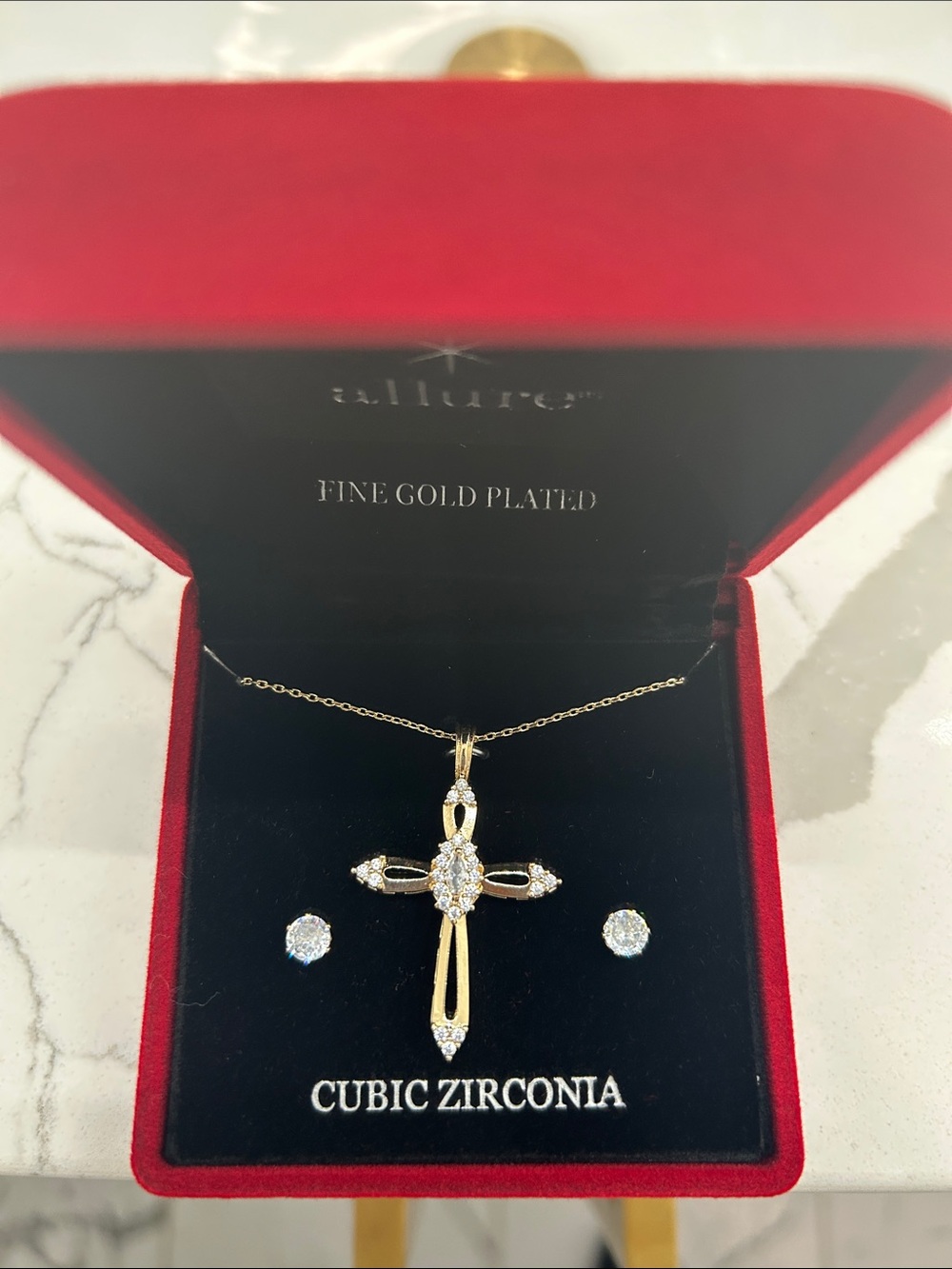 Allure Gold-Plated Cubic Zirconia Cross Necklace and Stud Earrings - White